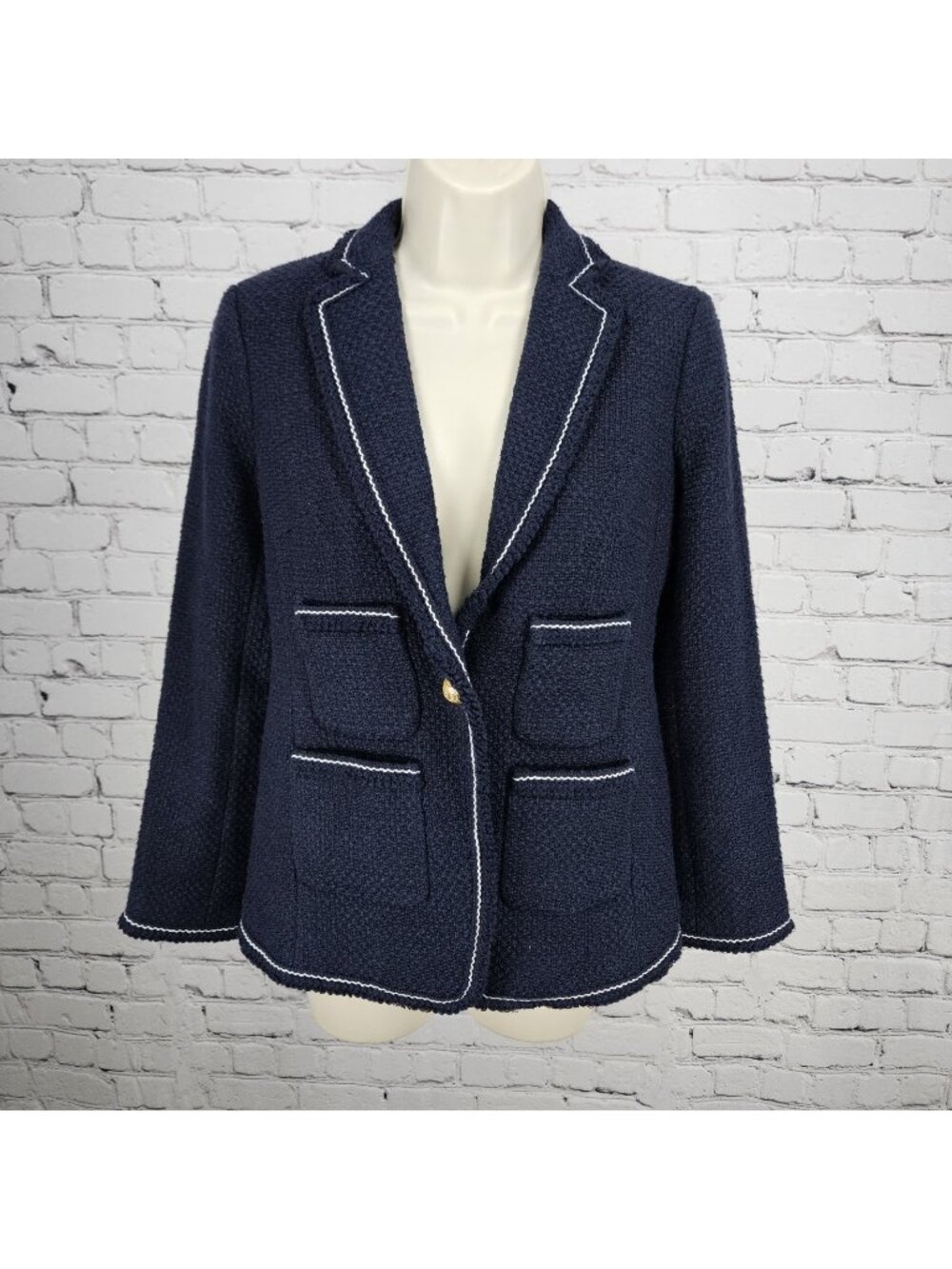 NWT Talbots Navy 100% Cotton Tweed White Stitching Gold Buttons Blazer Jacket 0P